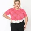 Unique Vintage Plus Size Hot Pink Bias Plaid Short Sleeve Sweater