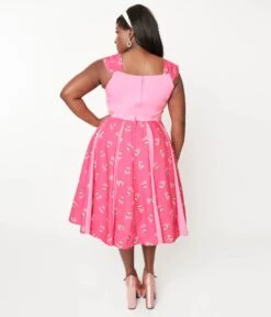 Unique Vintage Plus Size Hot Pink & Heart Cherry Stripe Swing Dress -New Dress Store unique vintage plus size hot pink heart cherry stripe swing dress 161319