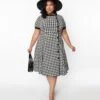 Unique Vintage Plus Size Ivory & Black Houndstooth Swing Dress