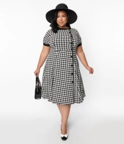 Unique Vintage Plus Size Ivory & Black Houndstooth Swing Dress