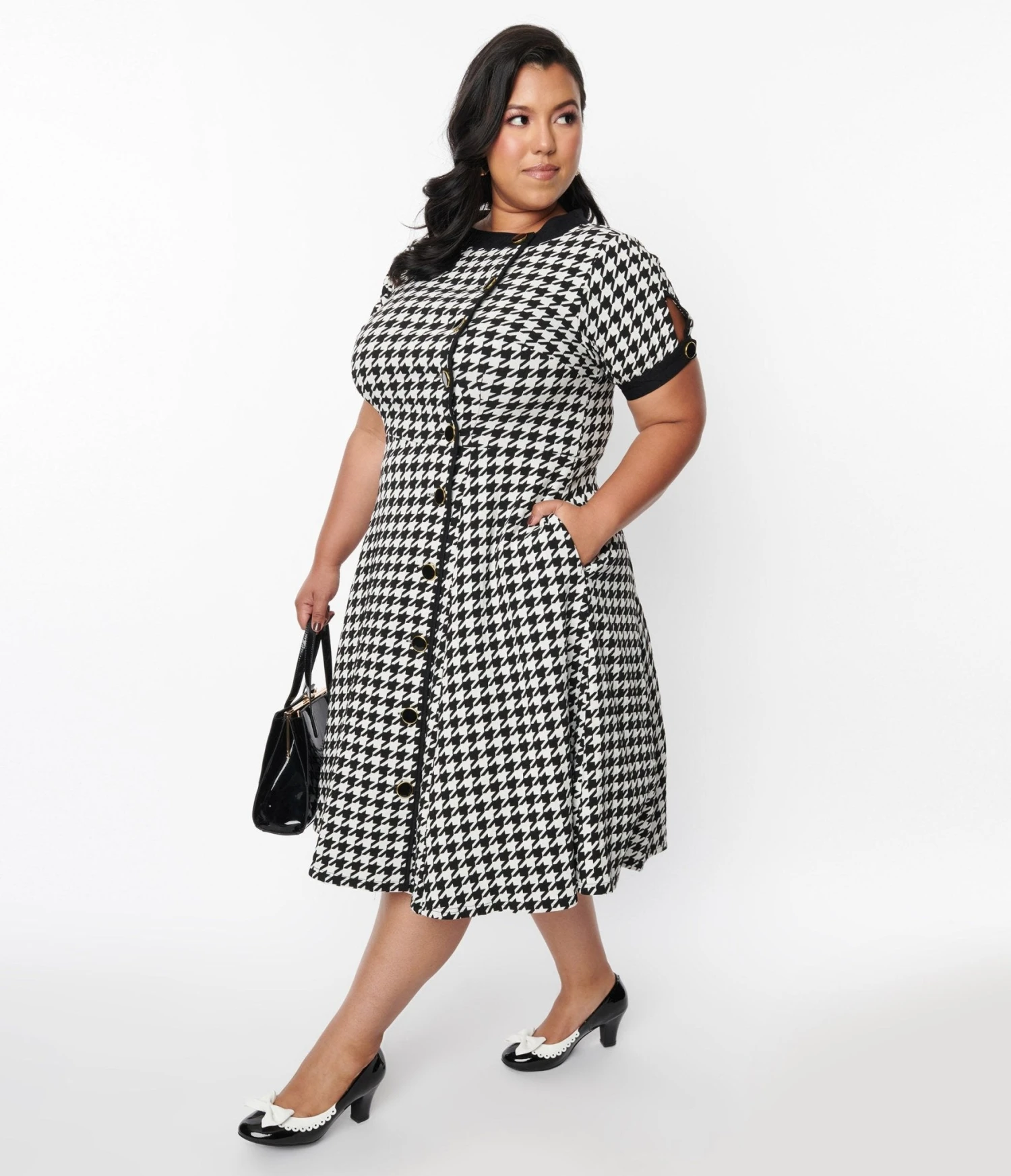 Unique Vintage Plus Size Ivory & Black Houndstooth Swing Dress 3 Unique Vintage Plus Size Ivory & Black Houndstooth Swing Dress - Image 3