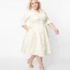 Unique Vintage Plus Size Ivory & Gold Brocade Swing Dress
