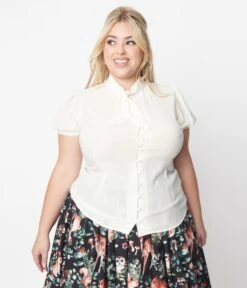 Unique Vintage Plus Size Ivory Tie Neck Button Blouse -New Dress Store unique vintage plus size ivory tie neck button blouse 633797