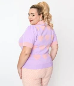 Unique Vintage Plus Size Lavender & Pink Hearts Short Sleeve Sweater -New Dress Store unique vintage plus size lavender pink hearts short sleeve sweater 396563