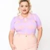 Unique Vintage Plus Size Lavender & Pink Hearts Short Sleeve Sweater