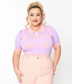 Unique Vintage Plus Size Lavender & Pink Hearts Short Sleeve Sweater