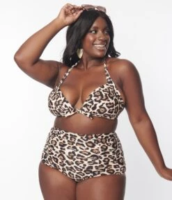 Unique Vintage Plus Size Leopard Monroe Halter Swim Top