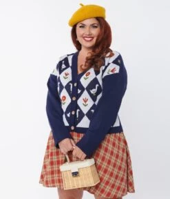 Unique Vintage Plus Size Navy & Duck Argyle Sweater Cardigan