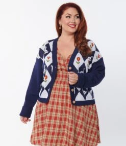 Unique Vintage Plus Size Navy & Duck Argyle Sweater Cardigan -New Dress Store unique vintage plus size navy duck argyle sweater cardigan 561439