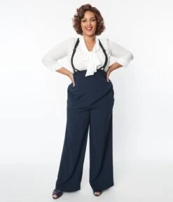 Unique Vintage Plus Size Navy High Waist Suspender Pants -New Dress Store unique vintage plus size navy high waist suspender pants 149927