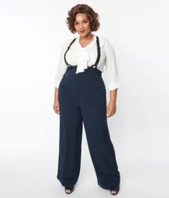 Unique Vintage Plus Size Navy High Waist Suspender Pants -New Dress Store unique vintage plus size navy high waist suspender pants 382275