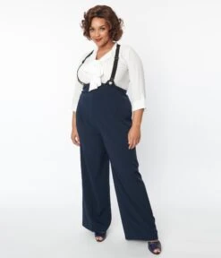 Unique Vintage Plus Size Navy High Waist Suspender Pants -New Dress Store unique vintage plus size navy high waist suspender pants 859866