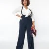 Unique Vintage Plus Size Navy High Waist Suspender Pants