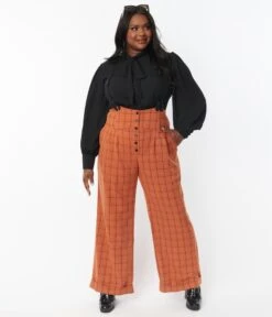 Unique Vintage Plus Size Orange Windowpane Thelma Suspender Pants -New Dress Store unique vintage plus size orange windowpane thelma suspender pants 180656