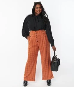 Unique Vintage Plus Size Orange Windowpane Thelma Suspender Pants -New Dress Store unique vintage plus size orange windowpane thelma suspender pants 703471