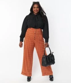 Unique Vintage Plus Size Orange Windowpane Thelma Suspender Pants -New Dress Store unique vintage plus size orange windowpane thelma suspender pants 757098