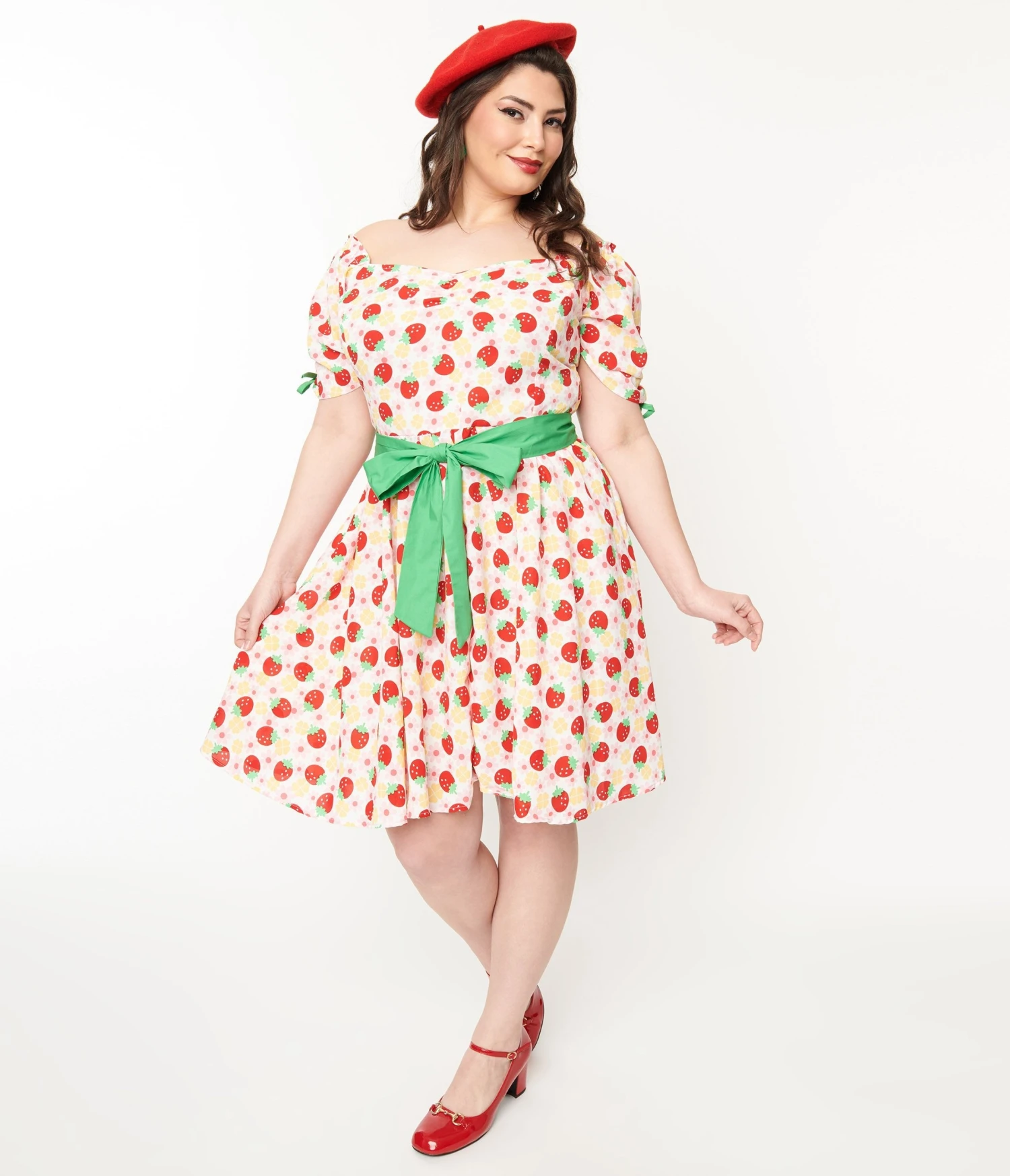 Unique Vintage Plus Size Pink Floral Strawberries Dakota Flare Dress 1 Unique Vintage Plus Size Pink Floral Strawberries Dakota Flare Dress