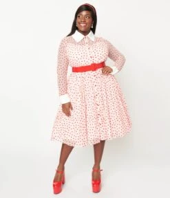 Unique Vintage Plus Size Pink & Red Flocked Hearts Tulle Swing Dress