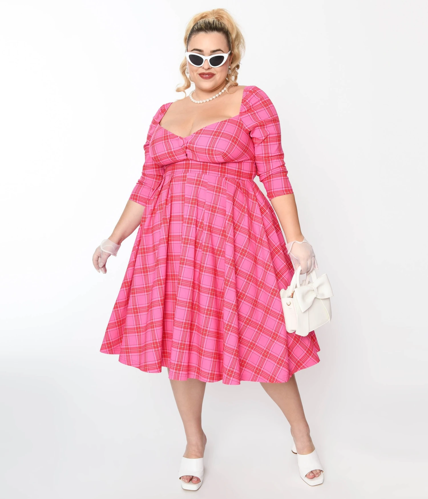 Unique Vintage Plus Size Pink & Red Plaid Lamar Swing Dress 1 Unique Vintage Plus Size Pink & Red Plaid Lamar Swing Dress