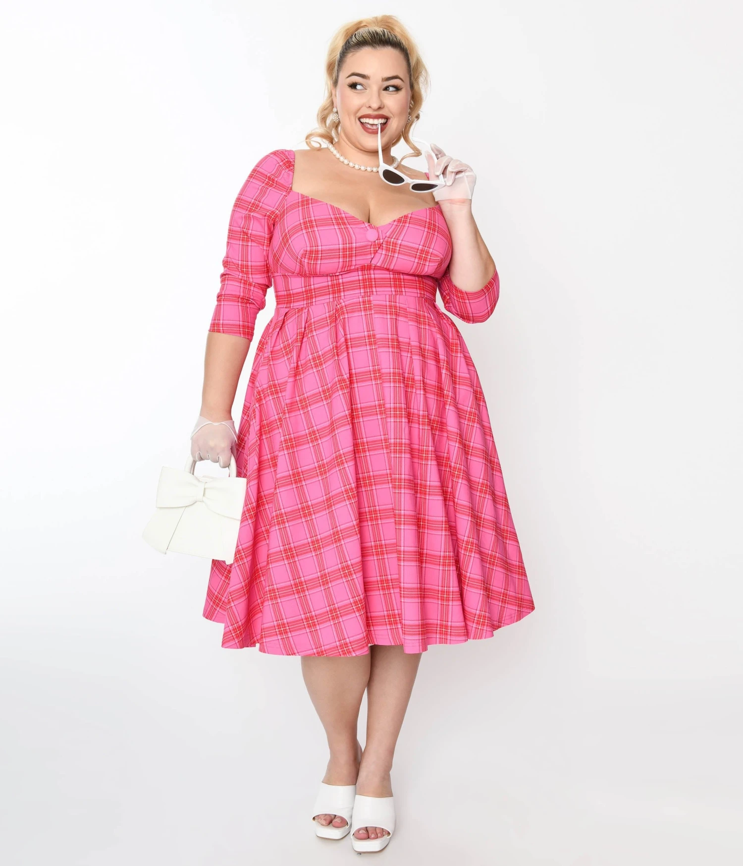 Unique Vintage Plus Size Pink & Red Plaid Lamar Swing Dress 2 Unique Vintage Plus Size Pink & Red Plaid Lamar Swing Dress - Image 2