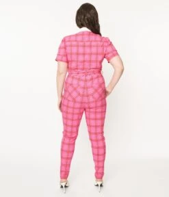 Unique Vintage Plus Size Pink & Red Plaid Skinny Leg Bexley Jumpsuit -New Dress Store unique vintage plus size pink red plaid skinny leg bexley jumpsuit 980928