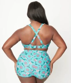 Unique Vintage Plus Size Teal Flower Child Halter Swim Top -New Dress Store unique vintage plus size teal flower child halter swim top 999342