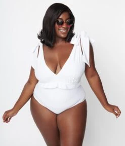 Unique Vintage Plus Size White Plunge One Piece Swimsuit -New Dress Store unique vintage plus size white plunge one piece swimsuit 255067