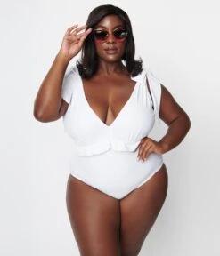 Unique Vintage Plus Size White Plunge One Piece Swimsuit -New Dress Store unique vintage plus size white plunge one piece swimsuit 286773