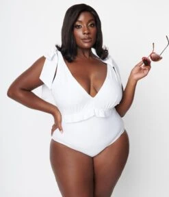 Unique Vintage Plus Size White Plunge One Piece Swimsuit -New Dress Store unique vintage plus size white plunge one piece swimsuit 424811
