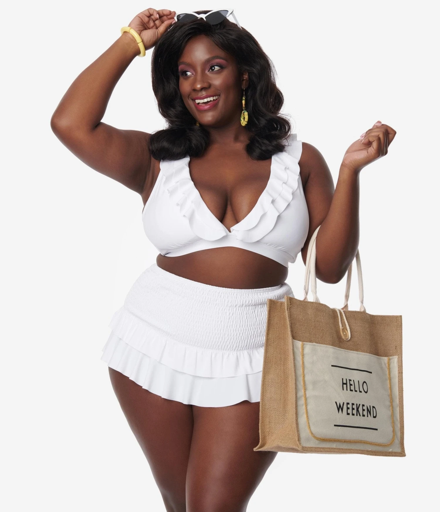 Unique Vintage Plus Size White Shirred Skirt Swim Bottom 1 Unique Vintage Plus Size White Shirred Skirt Swim Bottom