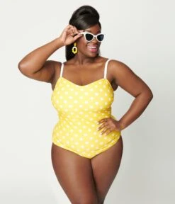 Unique Vintage Plus Size Yellow Polka Dot Barbara One Piece Swimsuit -New Dress Store unique vintage plus size yellow polka dot barbara one piece swimsuit 749152