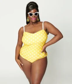 Unique Vintage Plus Size Yellow Polka Dot Barbara One Piece Swimsuit -New Dress Store unique vintage plus size yellow polka dot barbara one piece swimsuit 823049