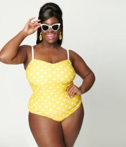 Unique Vintage Plus Size Yellow Polka Dot Barbara One Piece Swimsuit