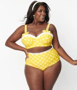 Unique Vintage Plus Size Yellow & White Polka Dot Cape May Swim Bottoms