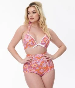Unique Vintage Purple & Orange Bohemian Floral Print Halter Swim Top -New Dress Store unique vintage purple orange bohemian floral print halter swim top 660783