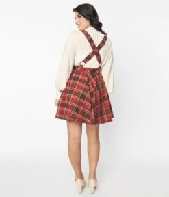 Unique Vintage Red & Brown Plaid Snap Front Pinafore -New Dress Store unique vintage red brown plaid snap front pinafore 108622