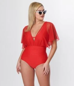 Unique Vintage Red Mesh Sleeved Torrey Swimsuit -New Dress Store unique vintage red mesh sleeved torrey swimsuit 302565