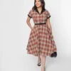 Unique Vintage Red Plaid & Black Contrast Alexis Swing Dress