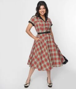 Unique Vintage Red Plaid & Black Contrast Alexis Swing Dress -New Dress Store unique vintage red plaid black contrast alexis swing dress 990232