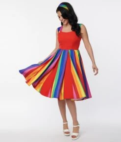 Unique Vintage Red & Rainbow Stripe Swing Dress -New Dress Store unique vintage red rainbow stripe swing dress 615764