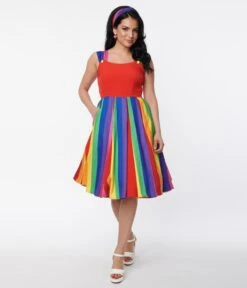 Unique Vintage Red & Rainbow Stripe Swing Dress -New Dress Store unique vintage red rainbow stripe swing dress 663104