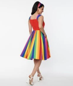 Unique Vintage Red & Rainbow Stripe Swing Dress -New Dress Store unique vintage red rainbow stripe swing dress 727481