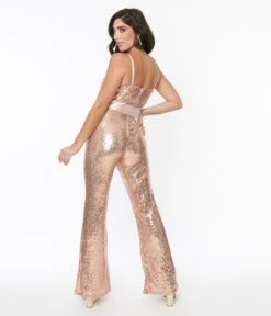 Unique Vintage Rose Gold Sequin Flare Jumpsuit -New Dress Store unique vintage rose gold sequin flare jumpsuit 414848