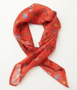 Unique Vintage Rust Red & Western Print Chiffon Scarf