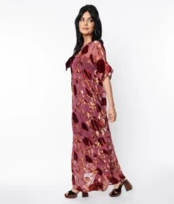 Unique Vintage Sheer Red Rose Velvet Burnout Bow Front Caftan -New Dress Store unique vintage sheer red rose velvet burnout bow front caftan 773437