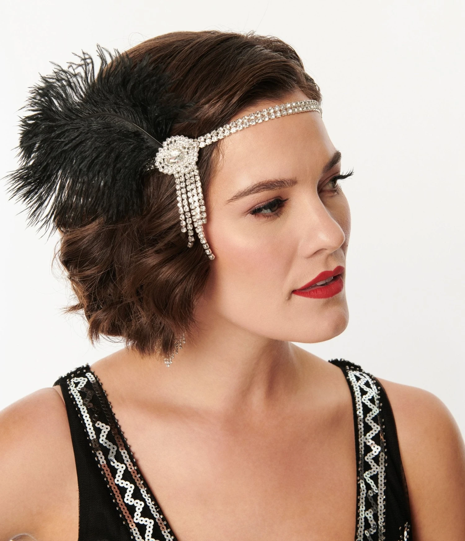 Unique Vintage Silver Rhinestone & Black Feather Flapper Headband 1 Unique Vintage Silver Rhinestone & Black Feather Flapper Headband