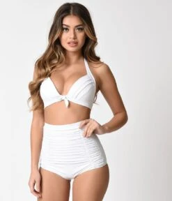 Unique Vintage Solid White Monroe High Waist Swim Bottom -New Dress Store unique vintage solid white monroe high waist swim bottom 387234