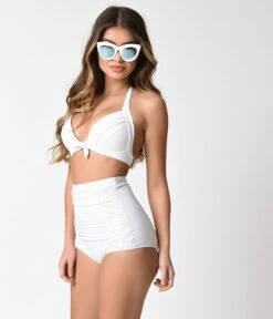 Unique Vintage Solid White Monroe High Waist Swim Bottom -New Dress Store unique vintage solid white monroe high waist swim bottom 818471