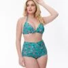 Unique Vintage Teal Flower Child Monroe Halter Swim Top