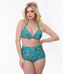 Unique Vintage Teal Flower Child Monroe Halter Swim Top -New Dress Store unique vintage teal flower child monroe halter swim top 534661